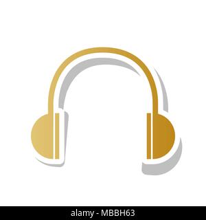 Headphones sign illustration. Vector. Golden gradient icon with white contour and rotated gray shadow at white background. Stock Vector
