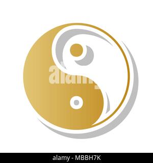 Ying yang symbol of harmony and balance. Vector. Golden gradient icon with white contour and rotated gray shadow at white background. Stock Vector