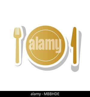 Fork, plate and knife. Vector. Golden gradient icon with white contour and rotated gray shadow at white background. Stock Vector