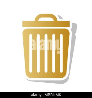 Trash sign illustration. Vector. Golden gradient icon with white contour and rotated gray shadow at white background. Stock Vector