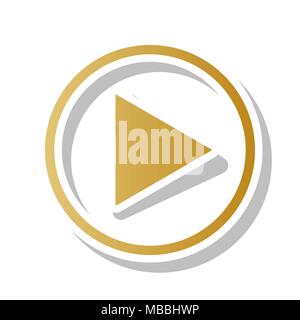 Play sign illustration. Vector. Golden gradient icon with white contour and rotated gray shadow at white background. Stock Vector