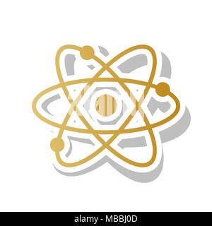Atom sign illustration. Vector. Golden gradient icon with white contour and rotated gray shadow at white background. Stock Vector