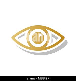 Eye sign illustration. Vector. Golden gradient icon with white contour and rotated gray shadow at white background. Stock Vector