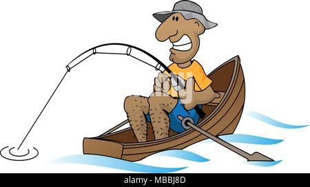 Cartoon man fishing in boat vector illustration Stock Vector