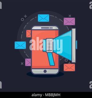 smartphone with email marketing related icons over blue background, vector illustration Stock Vector