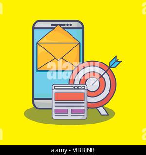 smartphone with email marketing related icons over yellow background, vector illustration Stock Vector