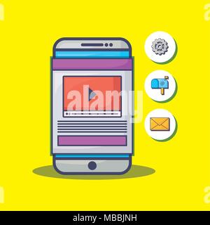 smartphone with email marketing related icons over yellow background, colorful design. vector illustration Stock Vector