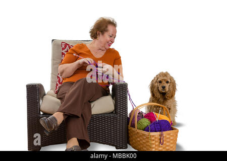 Happy smiling senior woman sitting in a comfortable wicker armchair knitting with her golden cocker spaniel alongside her on a white background with c Stock Photo