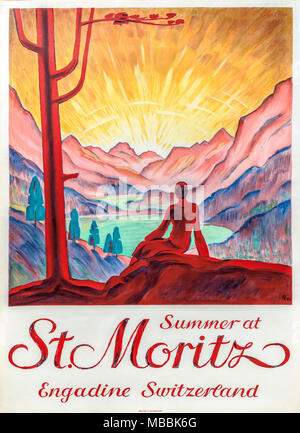 Original Swiss Vintage Travel Poster illustrated by Hugo Laubi 1929, Switzerland, to promote St.Moritz as summer travel destination Stock Photo