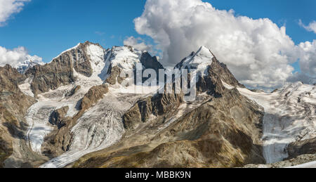 Bernina Range, Piz Roseg, Sellagletscher und Piz Bernina seen from Piz Corvatsch Mountain Station, Grisons, Switzerland. Stock Photo