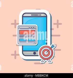 smartphone with email marketing related icons over pink background, vector illustration Stock Vector