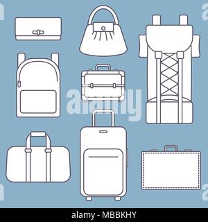 Different types of bags, white flat vector illustration with outline, collection on blue background Stock Vector