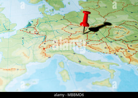 Red pin on a map pointing Vienna Stock Photo