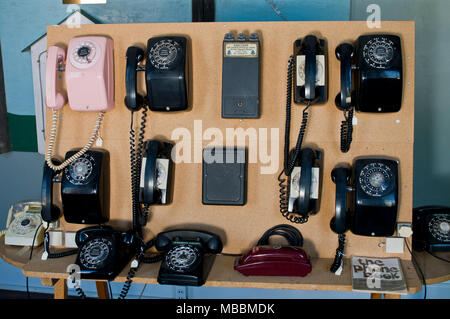 Blackwater, Missouri.  Mid-Missouri museum of Independent Telephone Pioneers. Selection of old rotary phones in the museum. Stock Photo