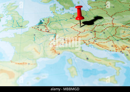 Red pin on a map pointing Prague Stock Photo