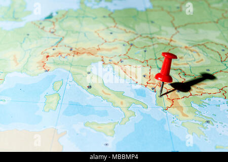 Red pin on a map pointing Tirana Stock Photo