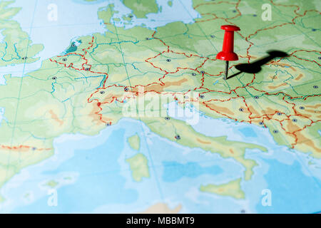 Red pin on a map pointing Budapest Stock Photo