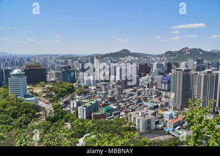 Seoul, Korea - April 26, 2017:  Cityscape of Hoehyeon-dong and Myeong-dong, central area of Seoul. The view is from Namsan mountain observatory. Stock Photo