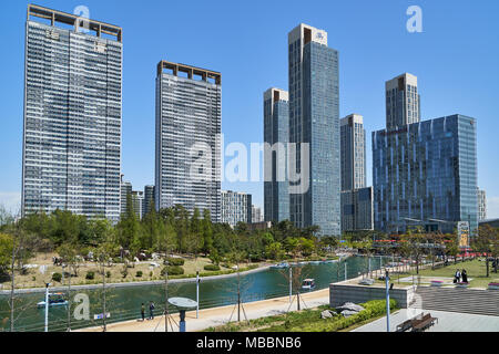 Incheon, Korea - April 27, 2017: Songdo International Business District (Songdo IBD) with Songdo Central Park. The city is a new smart city and connec Stock Photo