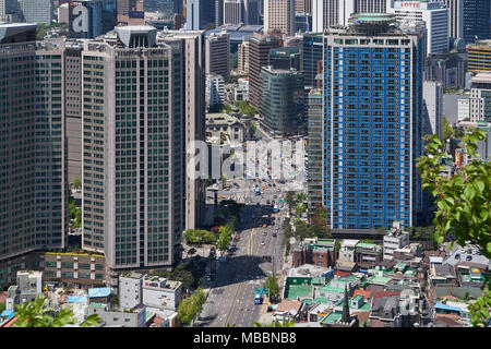 Seoul, Korea - April 26, 2017:  Cityscape of Hoehyeon-dong and Myeong-dong, central area of Seoul. The street leads to the city hall. It is a view fro Stock Photo