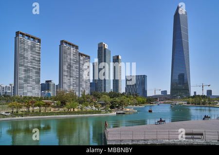 Incheon, Korea - April 27, 2017: Songdo International Business District (Songdo IBD) with Songdo Central Park. The city is a new smart city and connec Stock Photo