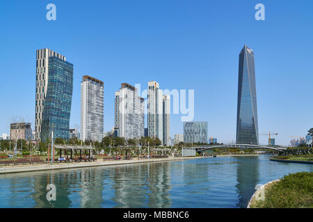 Incheon, Korea - April 27, 2017: Songdo International Business District (Songdo IBD) with Songdo Central Park. The city is a new smart city and connec Stock Photo