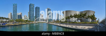 Incheon, Korea - April 27, 2017: Songdo International Business District (Songdo IBD) with Songdo Central Park and Tri-bowl. The city is a smart city a Stock Photo