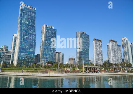 Incheon, Korea - April 27, 2017: Songdo International Business District (Songdo IBD) with Songdo Central Park. The city is a new smart city and connec Stock Photo