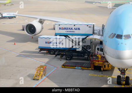 INCHEON, KOREA - JULY 29, 2013: Airplane of Korean Air, cargo is beding loaded. Stock Photo