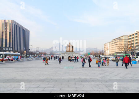 Seoul, Korea - December 9, 2015: King Sejong statue at Gwanghwamun Plaza. The plaza is a public space on Sejongno and it is historical significant as  Stock Photo