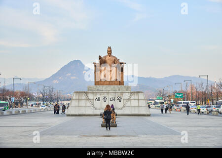 Seoul, Korea - December 9, 2015: King Sejong statue at Gwanghwamun Plaza. The plaza is a public space on Sejongno and it is historical significant as 