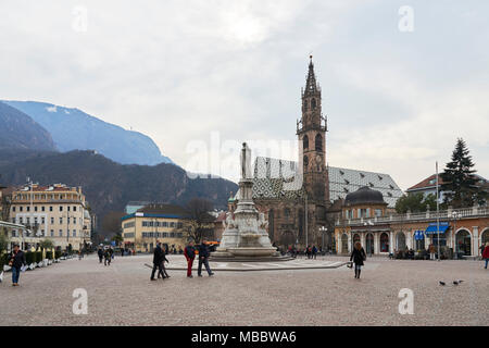 Bolzano, Italy - February 22, 2016: Bolzano Cathedral. It is Bolzano's chief landmark and a gem of Romanesque and Gothic architecture, a symbol of the Stock Photo