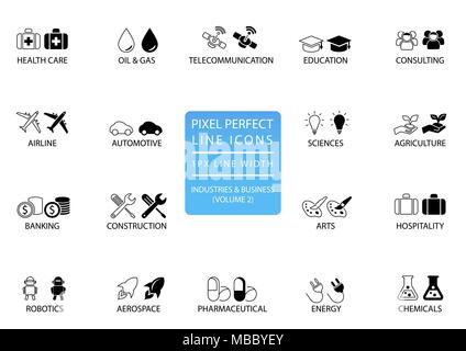 Pixel perfect thin line icons and symbols of various industries / business sectors like telecommunications, chemicals, aerospace, automotive, banking, Stock Vector