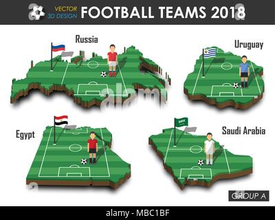 National soccer teams 2018 group A . Football player and flag on 3d design country map . isolated background . Vector for international world champion Stock Vector