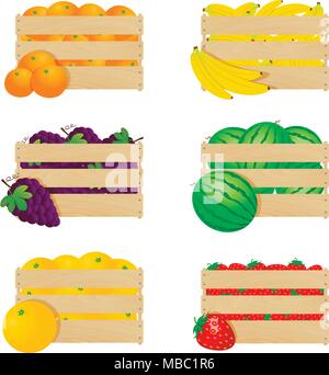Wooden boxes with fresh fruits isolated on a white background. Vector illustration. Stock Vector