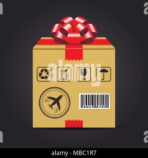 Shipping cardboard box with red bow. Gift delivery concept. Vector illustration. Stock Vector