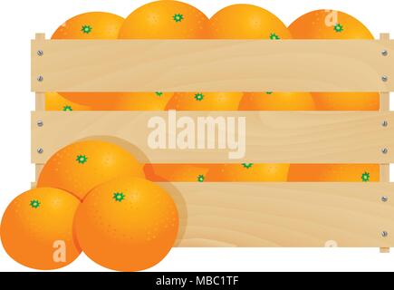 Fresh tangerines in a wooden crate isolated on a white background Stock Vector