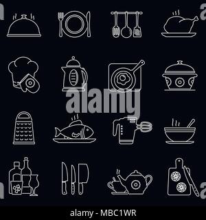 Abstract vector set of line cooking, kitchen tools and food icons on black background Stock Vector