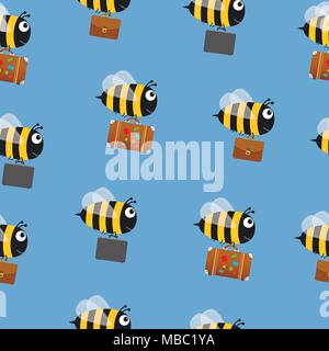 Flying bees with travel bag and briefcases. Vector seamless pattern background. Stock Vector