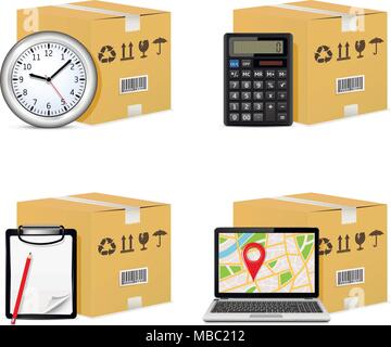 Delivery icons. Shipping cardboard boxes with clock, calculator, clipboard and gps map on laptop screen. Stock Vector