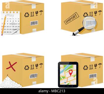 Delivery icons. Cardboard boxes with calendar, magnifying glass, tablet pc and damaged box. Stock Vector