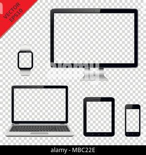 Various modern electronic devices with transparent screen isolated on transparent background. Vector illustration. Stock Vector