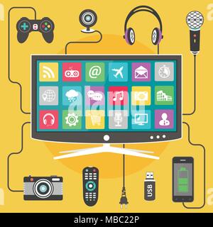 Smart TV flat design. Modern digital devices connected to a television. Vector illustration. Stock Vector