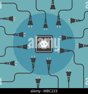 Plugs seek outlet. Free electricity flat design concept. Vector illustration. Stock Vector