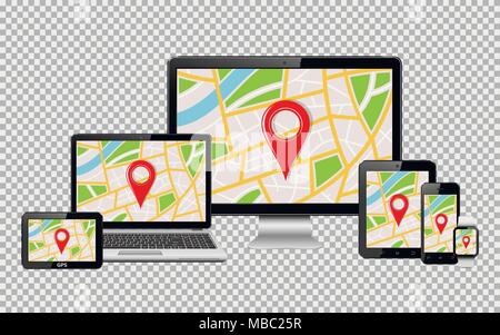 Set of realistic computer monitor, laptop, tablet, mobile phone, smart watch and GPS navigation system device. Isolated on transparent background. Vec Stock Vector