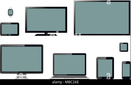 Various modern electronic gadgets on isolated background. Vector illustration. Stock Vector