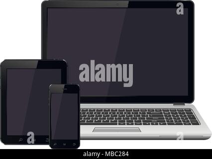 aptop, smartphone and tablet with blank screen mockup isolated on white background. Vector illustration Stock Vector