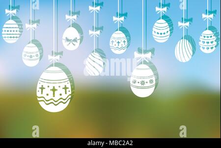 Easter eggs hanging ornaments on blurred background Stock Vector