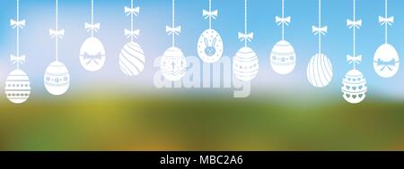 Easter eggs are hanging on the blurred background. Vector illustration. Stock Vector