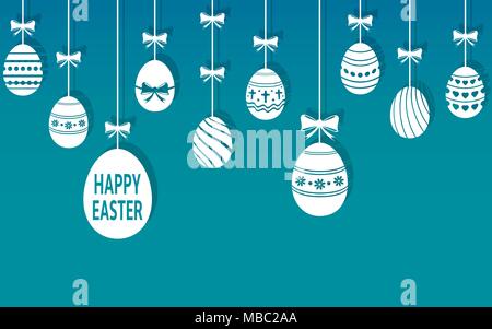 Easter eggs are hanging on the blue background. Vector illustration. Stock Vector